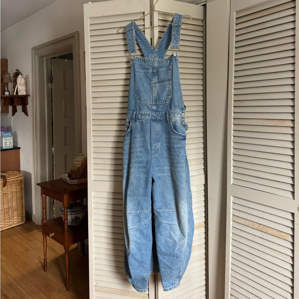 Free People we the free good luck Blue Denim barrel Overalls size large
